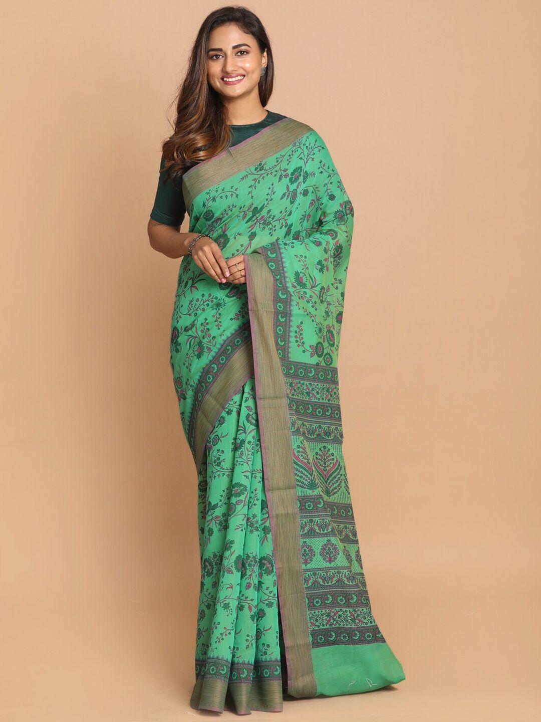 indethnic green & brown floral printed zari saree