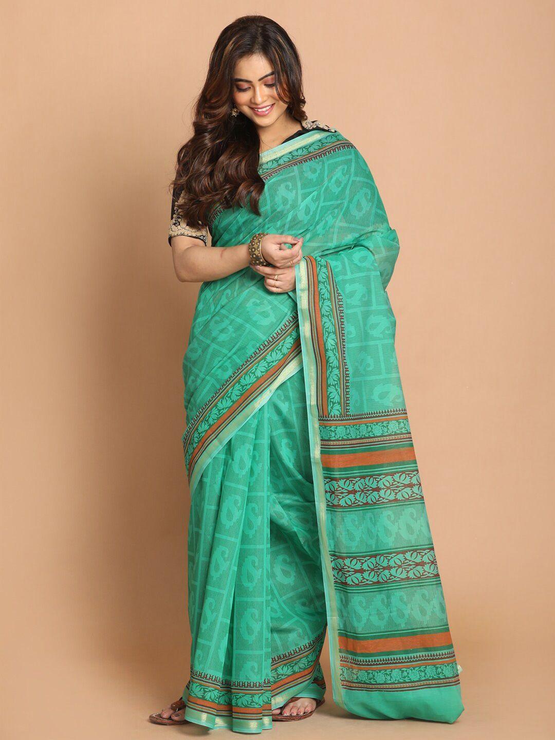 indethnic green & brown paisley zari saree