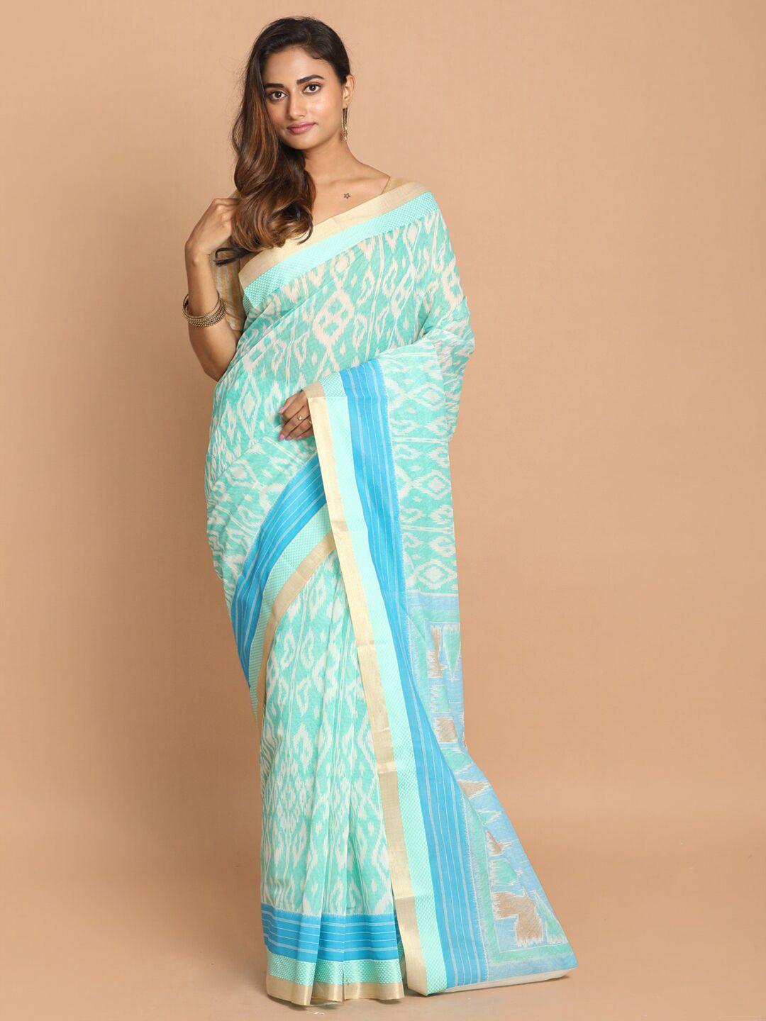 indethnic green & cream-coloured ethnic motifs printed saree