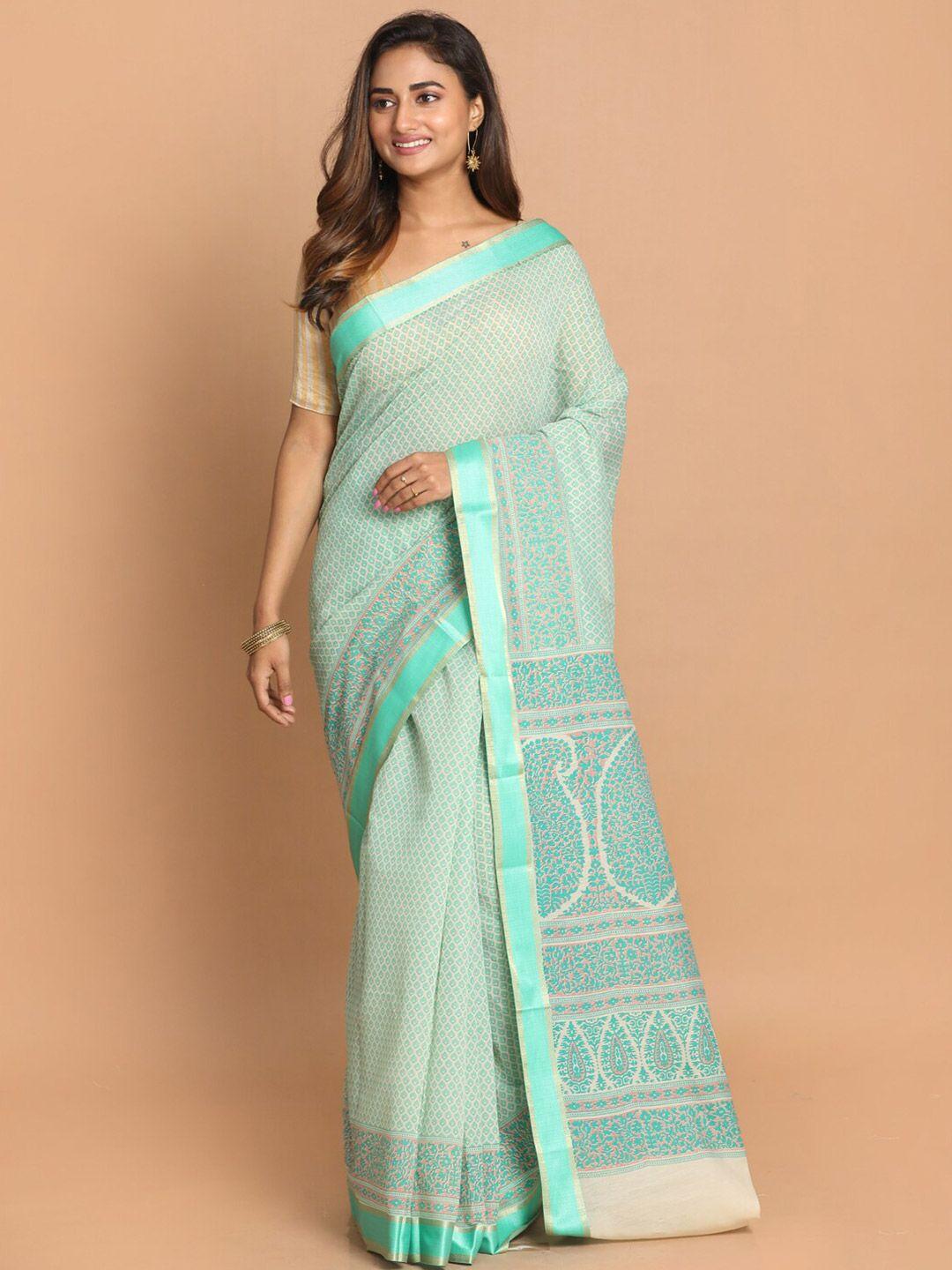 indethnic green & cream-coloured ethnic motifs saree