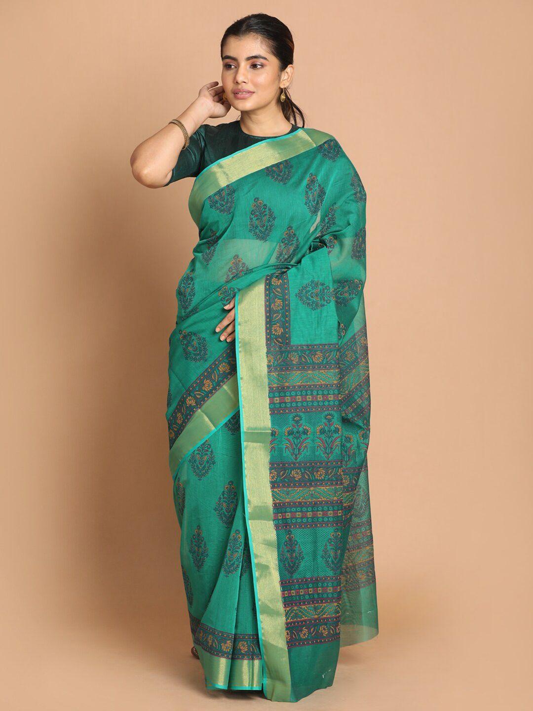 indethnic green & gold-toned ethnic motifs zari saree