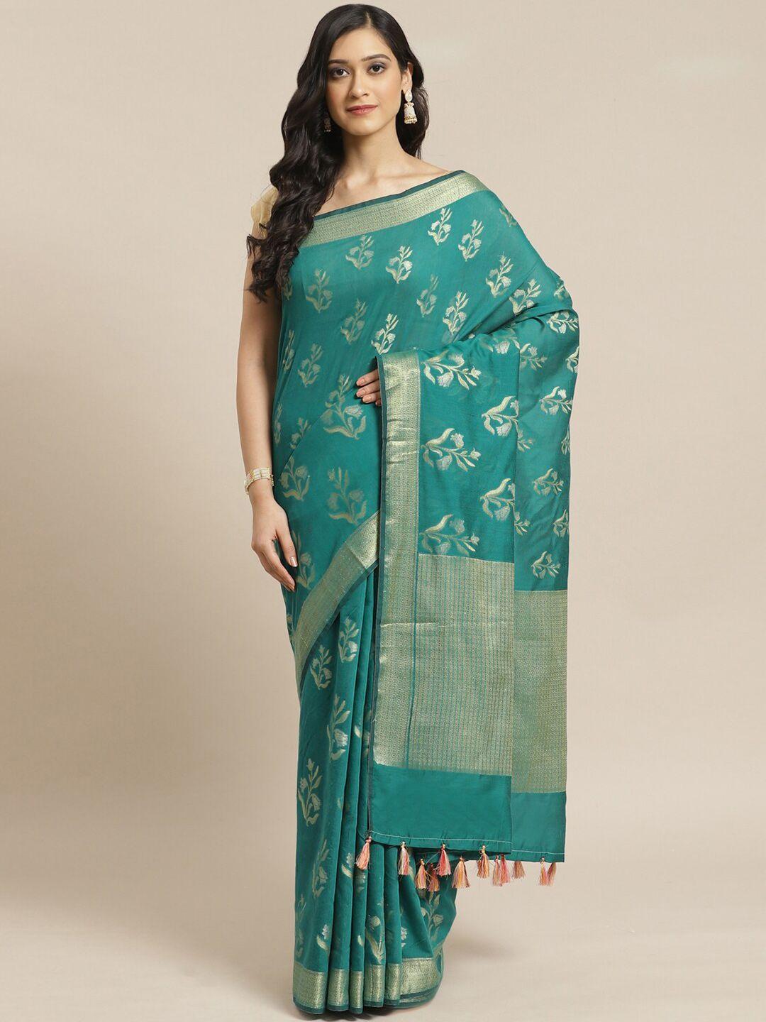 indethnic green & gold-toned floral zari banarasi saree