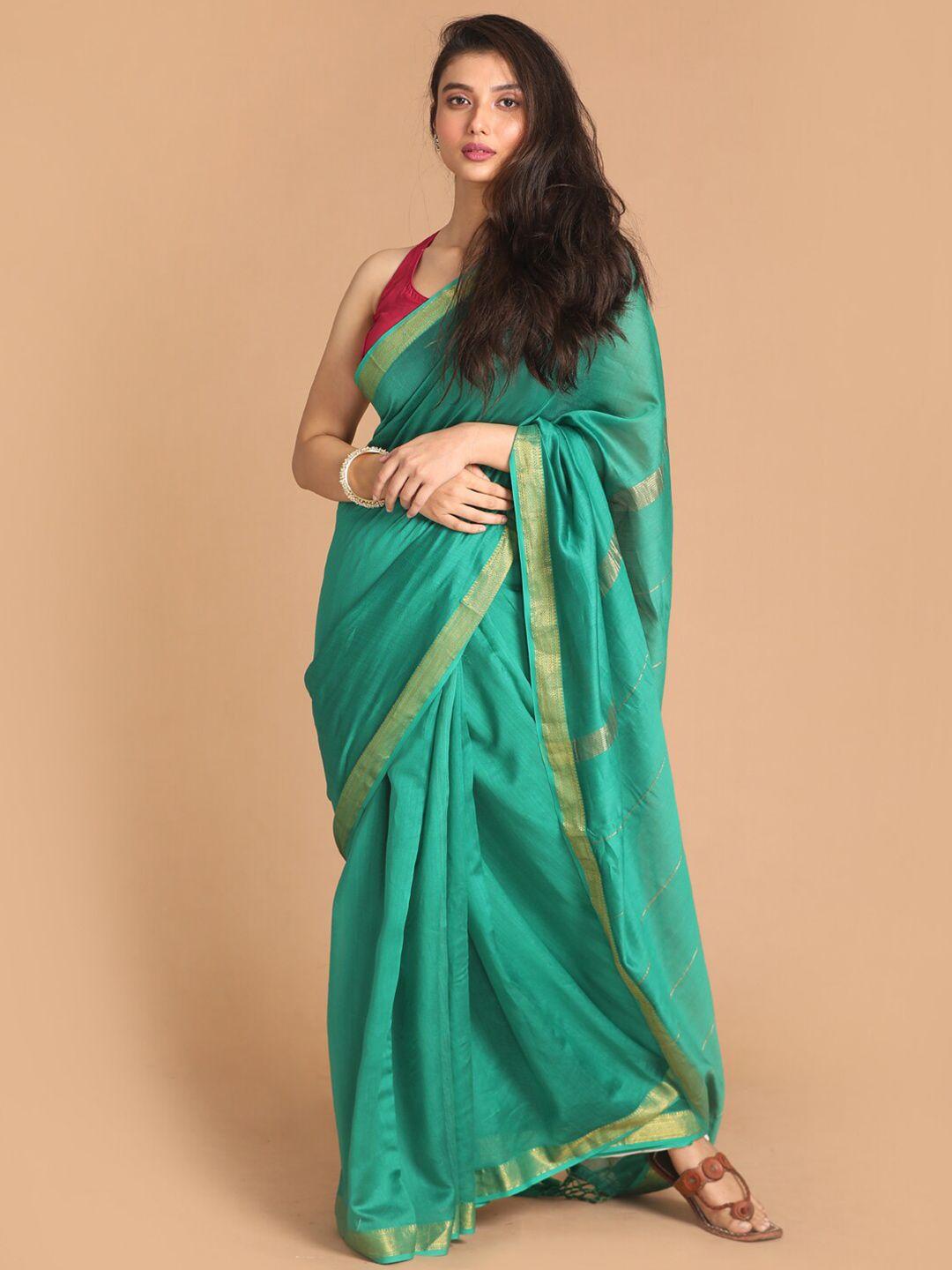 indethnic green & gold-toned silk cotton banarasi saree