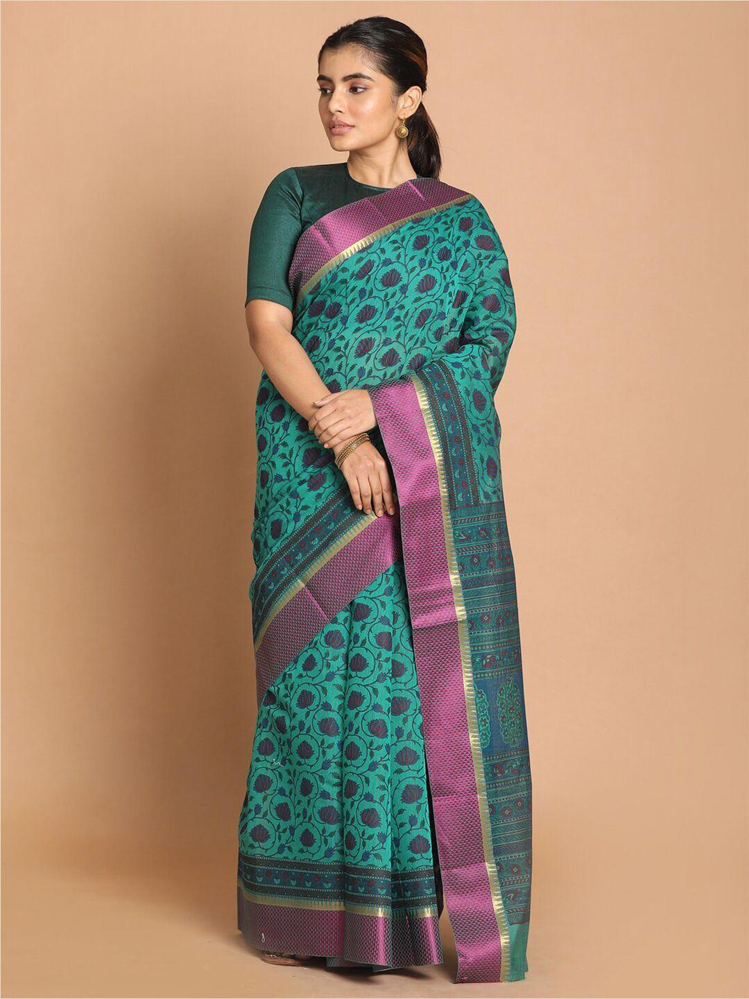 indethnic green & magenta floral printed zari saree