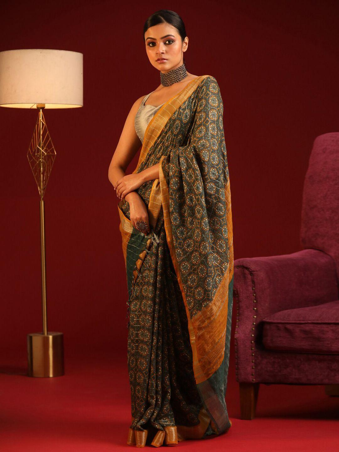 indethnic green & mustard printed zari bhagalpuri saree