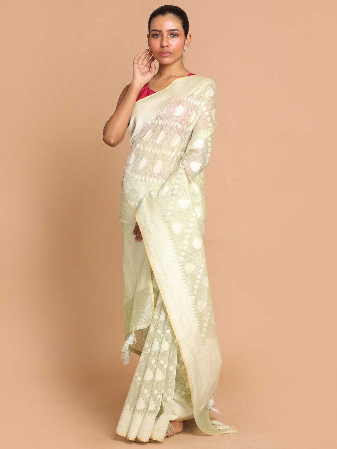 indethnic green & off white ethnic motifs linen blend banarasi saree