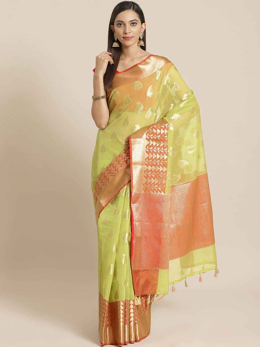 indethnic green & orange paisley zari banarasi saree