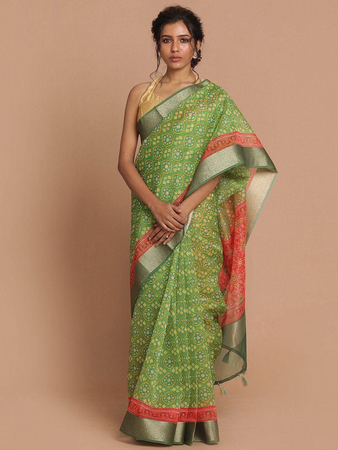 indethnic green & pink ajrak organza banarasi saree