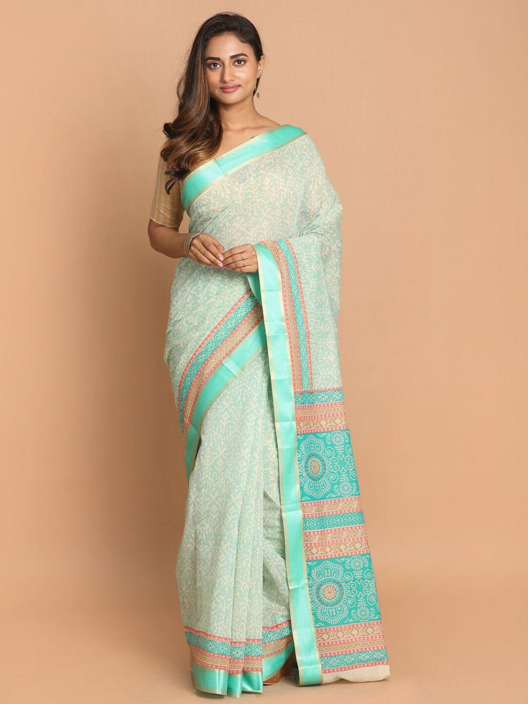 indethnic green & pink ajrak zari saree