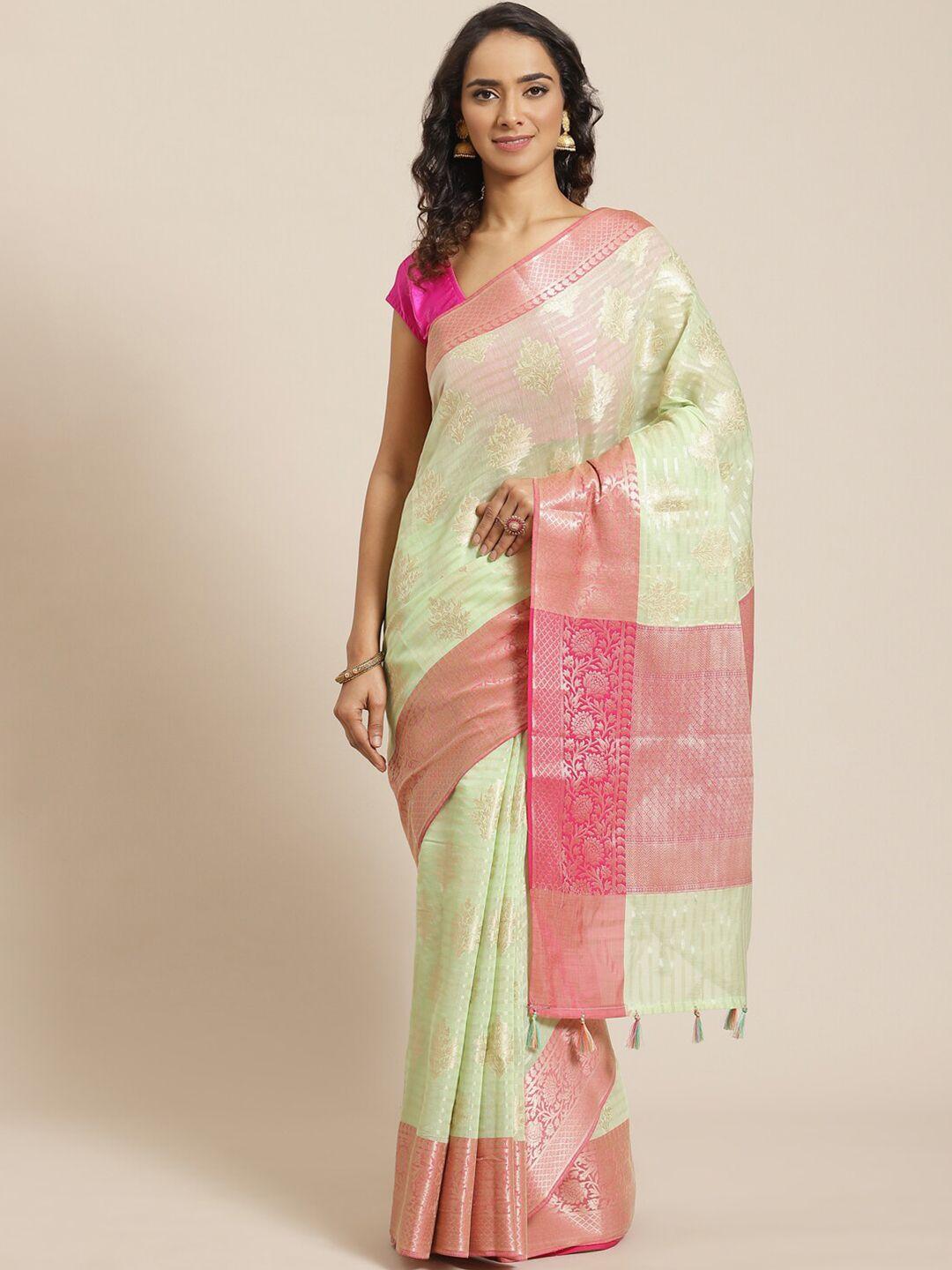 indethnic green & pink ethnic motifs zari banarasi saree