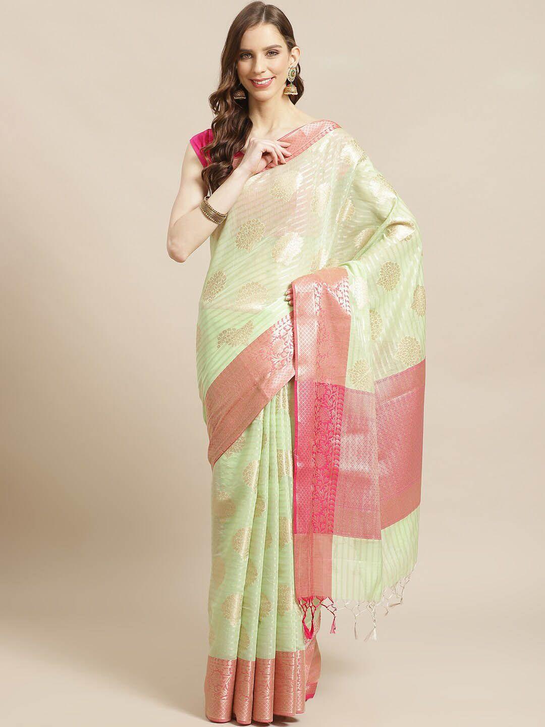 indethnic green & pink ethnic motifs zari banarasi saree