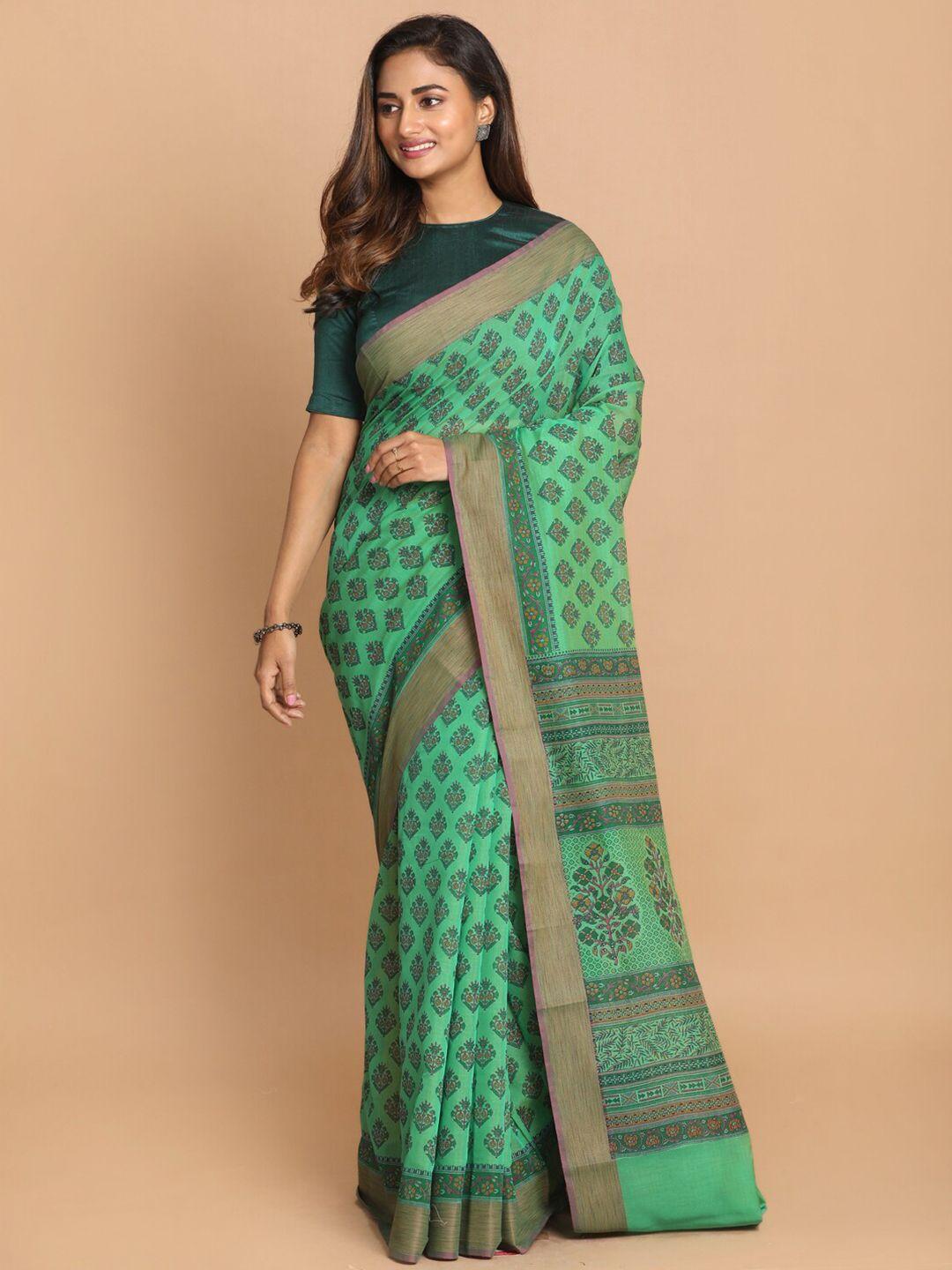 indethnic green & pink floral saree