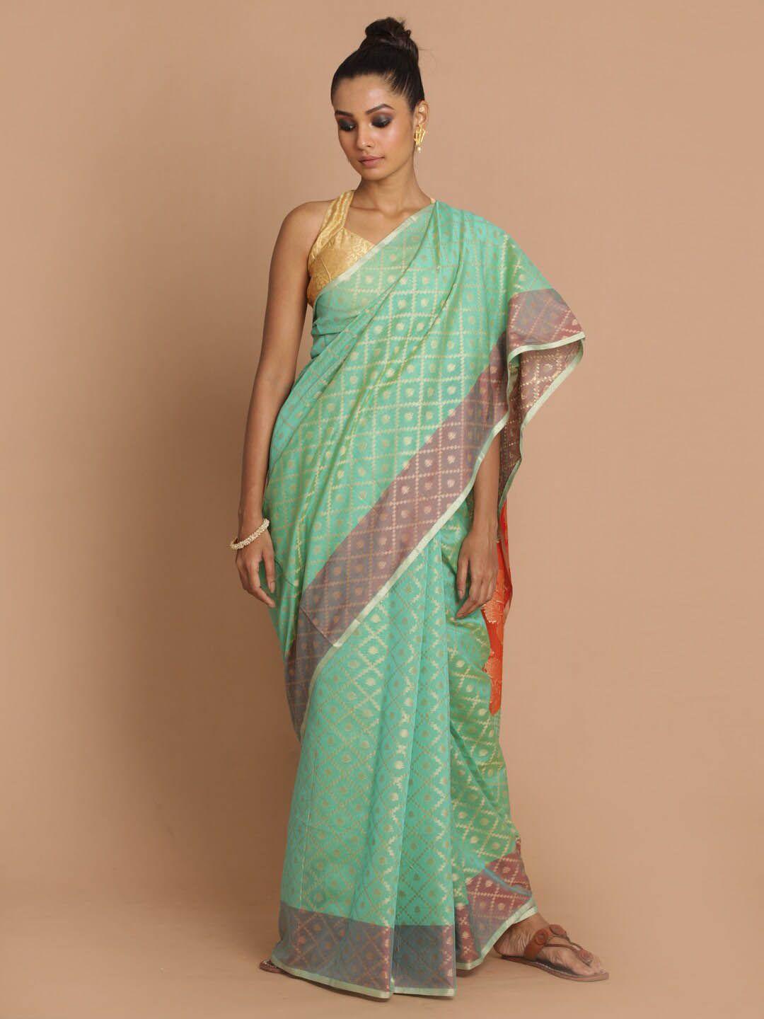 indethnic green & purple ethnic motifs zari banarasi saree