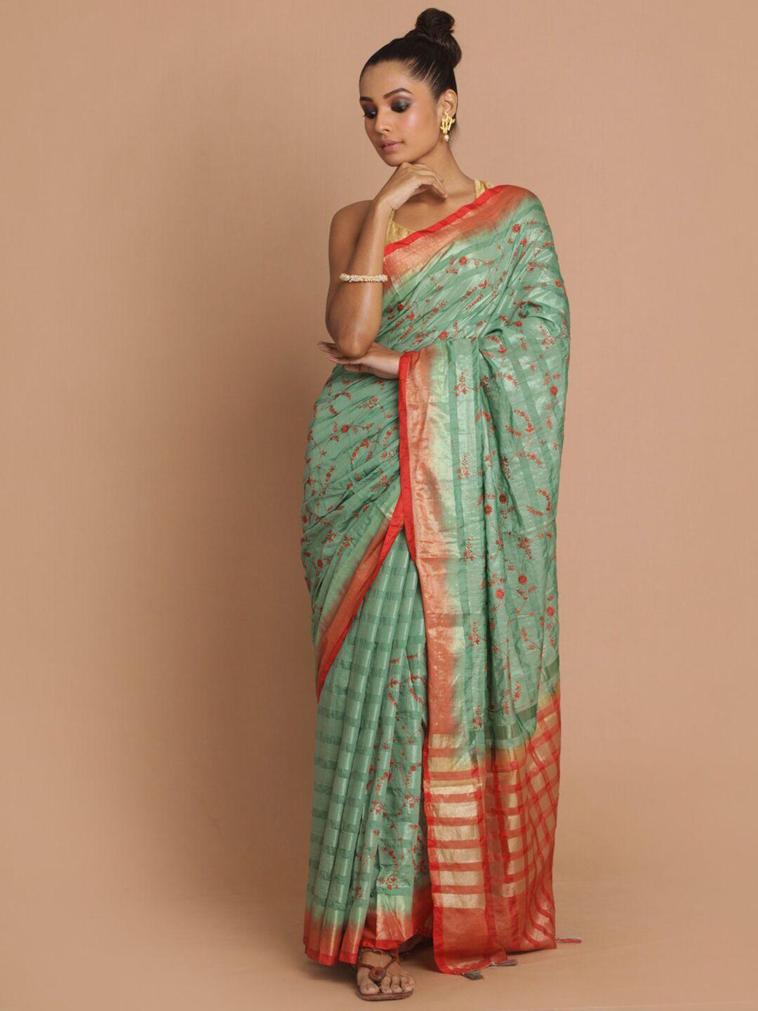 indethnic green & red floral embroidered liva saree