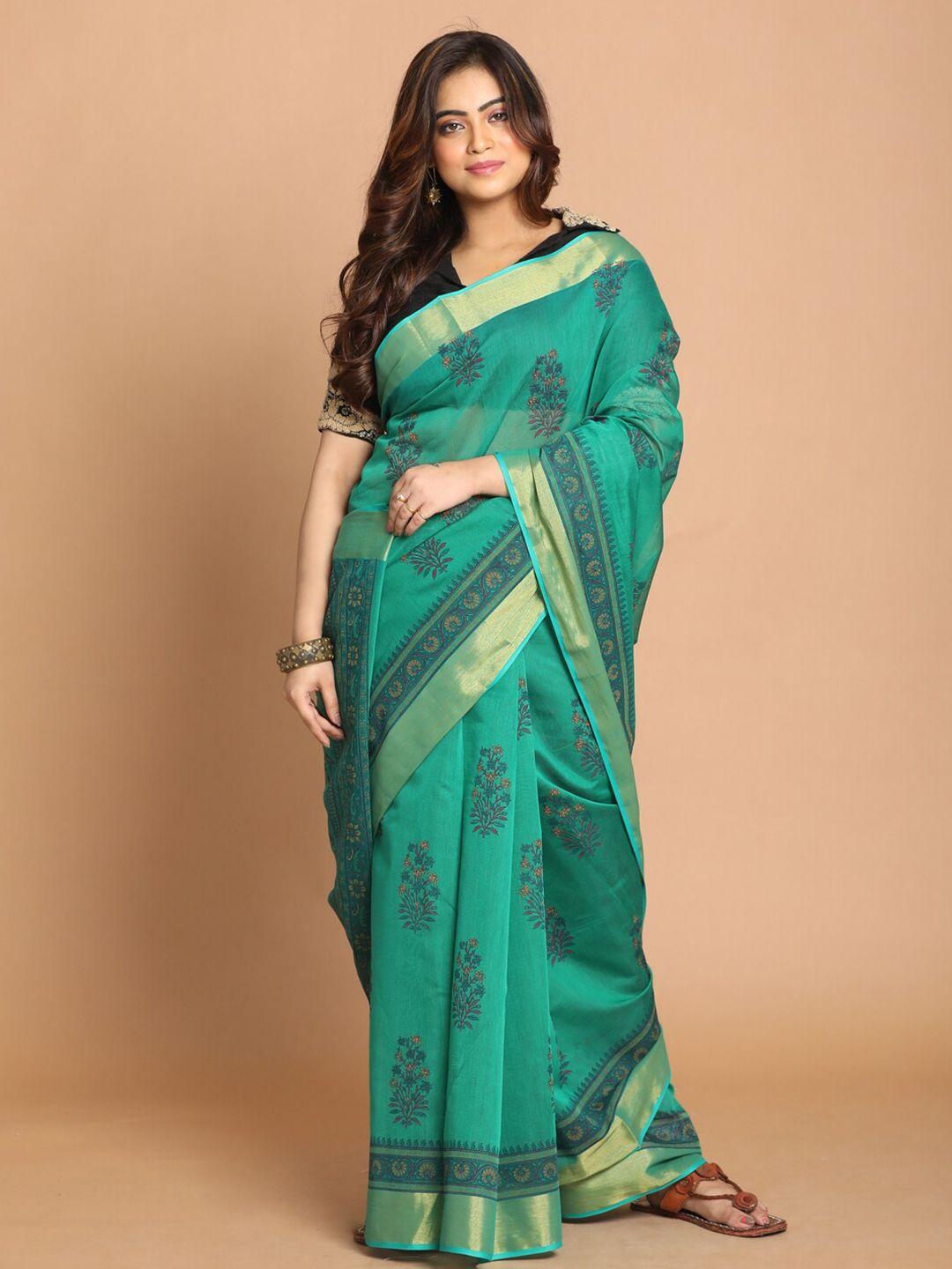 indethnic green & red floral printed saree