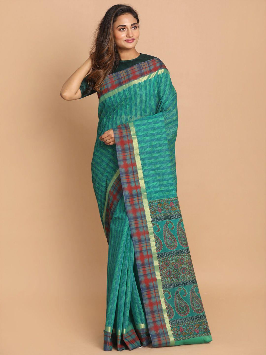 indethnic green & red geometric printed zari saree