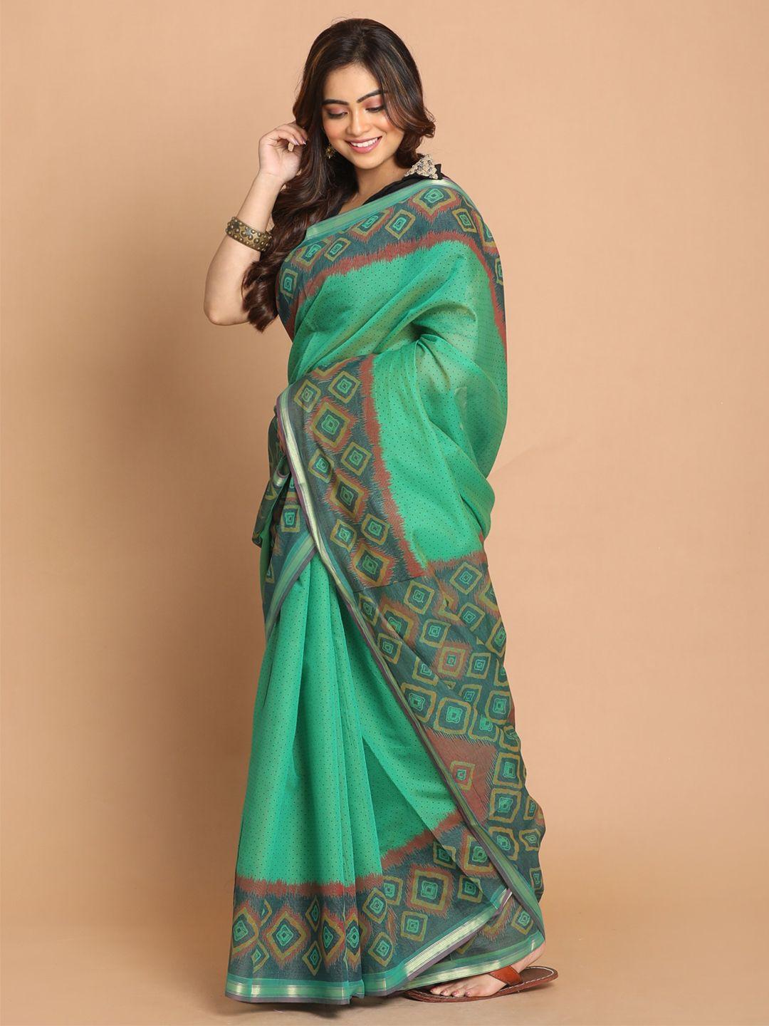 indethnic green & red printed saree