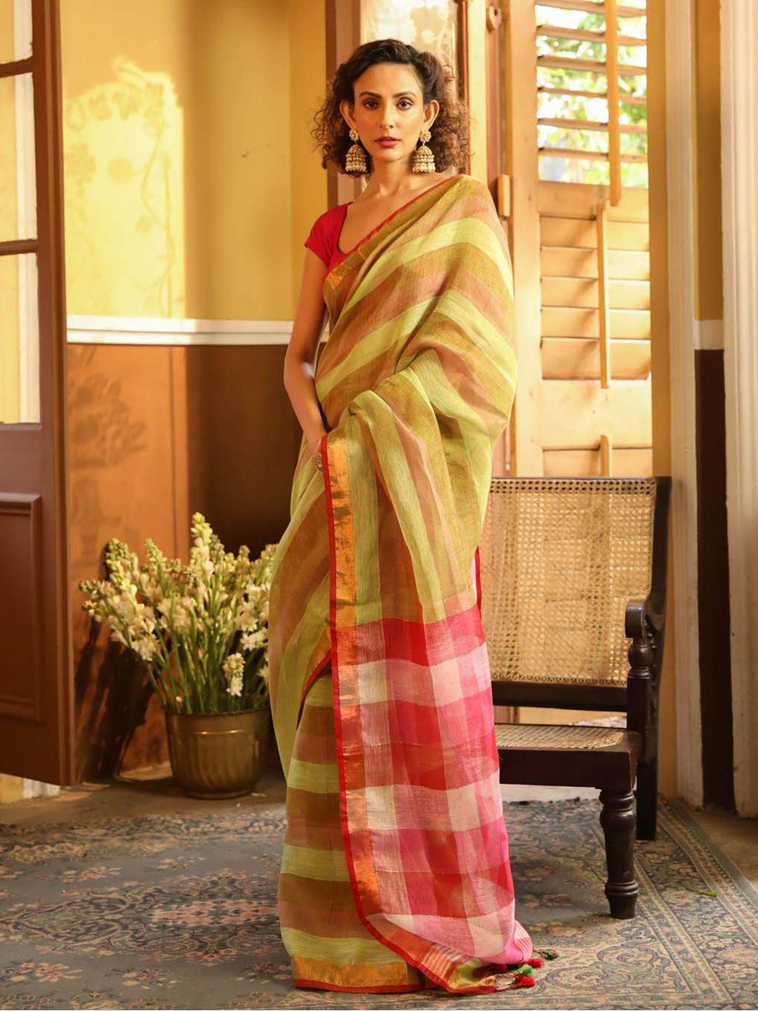 indethnic green & red striped zari pure linen jamdani saree