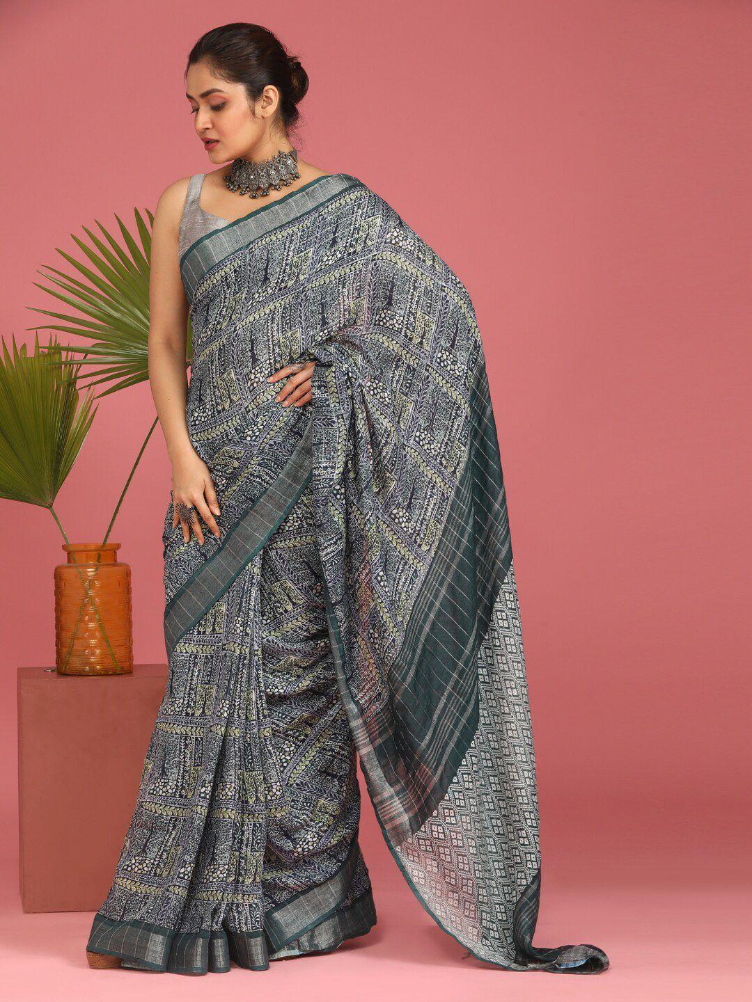 indethnic green & silver-toned handloom bhagalpuri saree