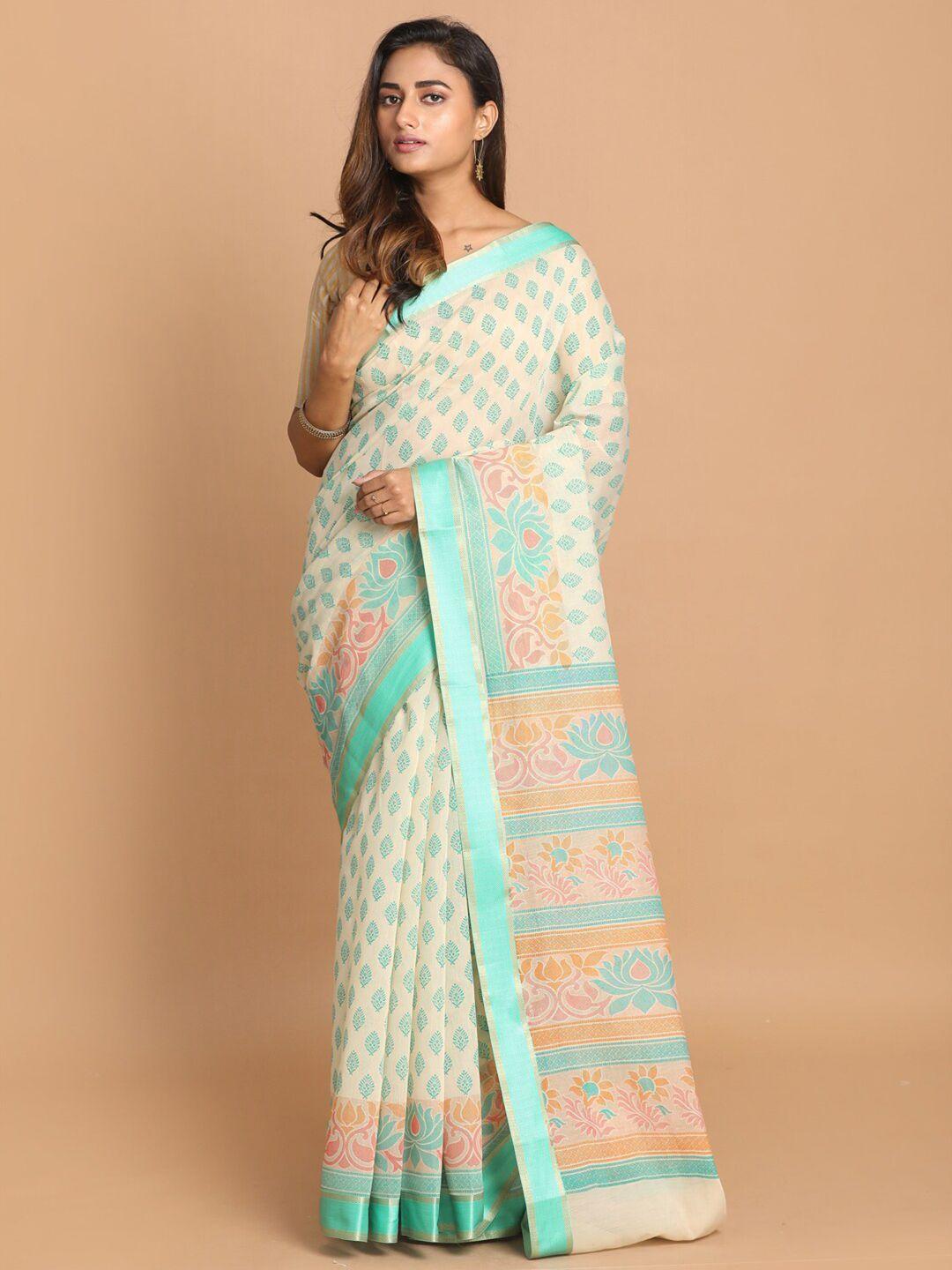 indethnic green & white ethnic motifs saree