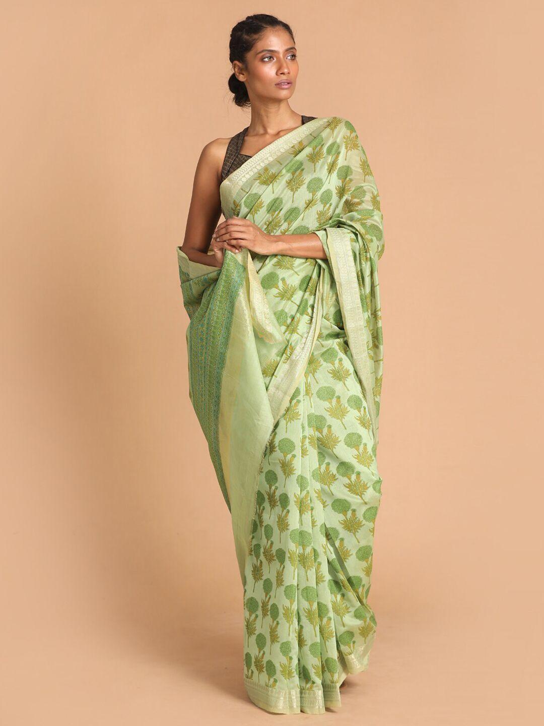 indethnic green & yellow ethnic motifs zari saree