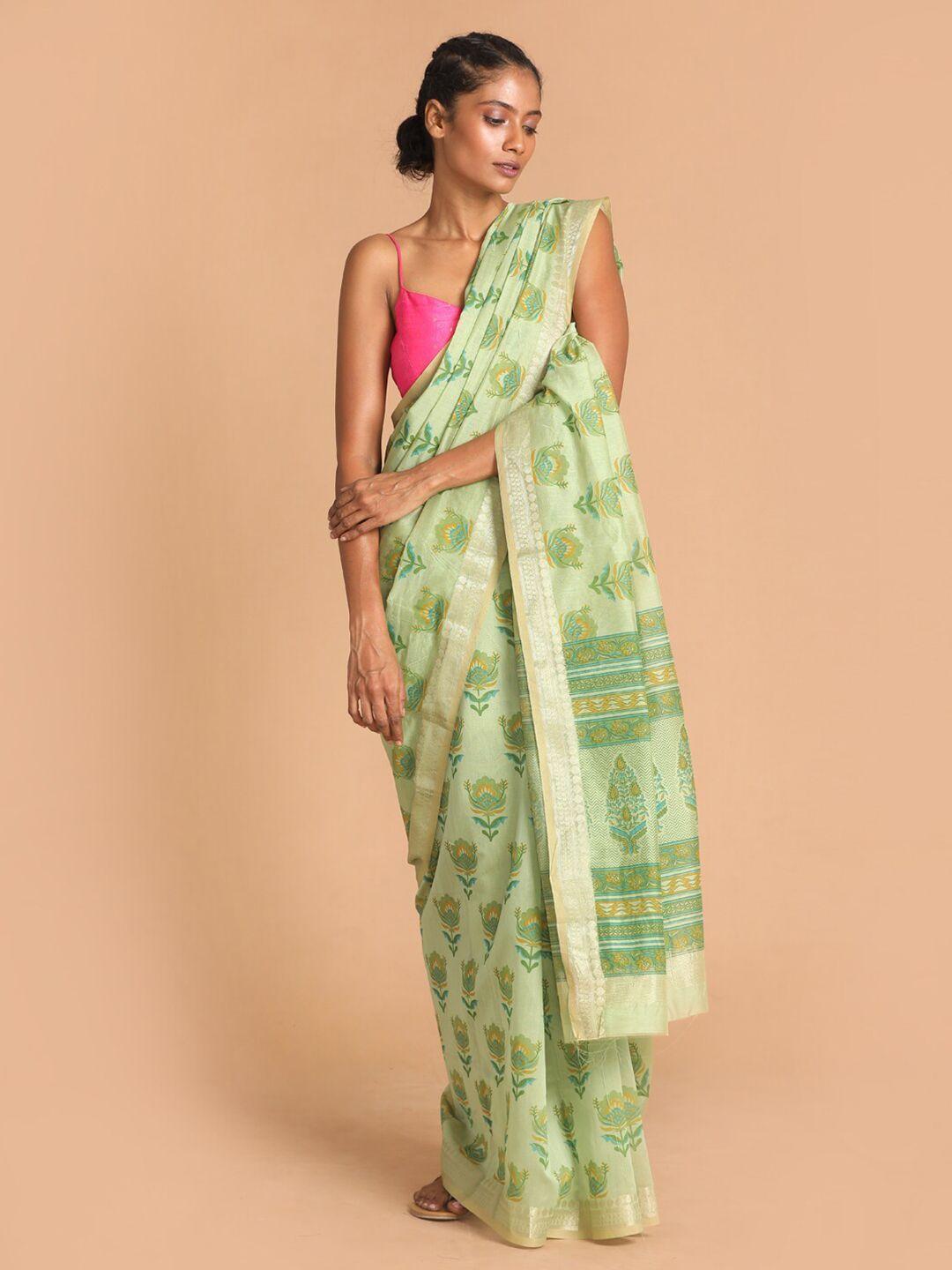 indethnic green & yellow ethnic motifs zari saree