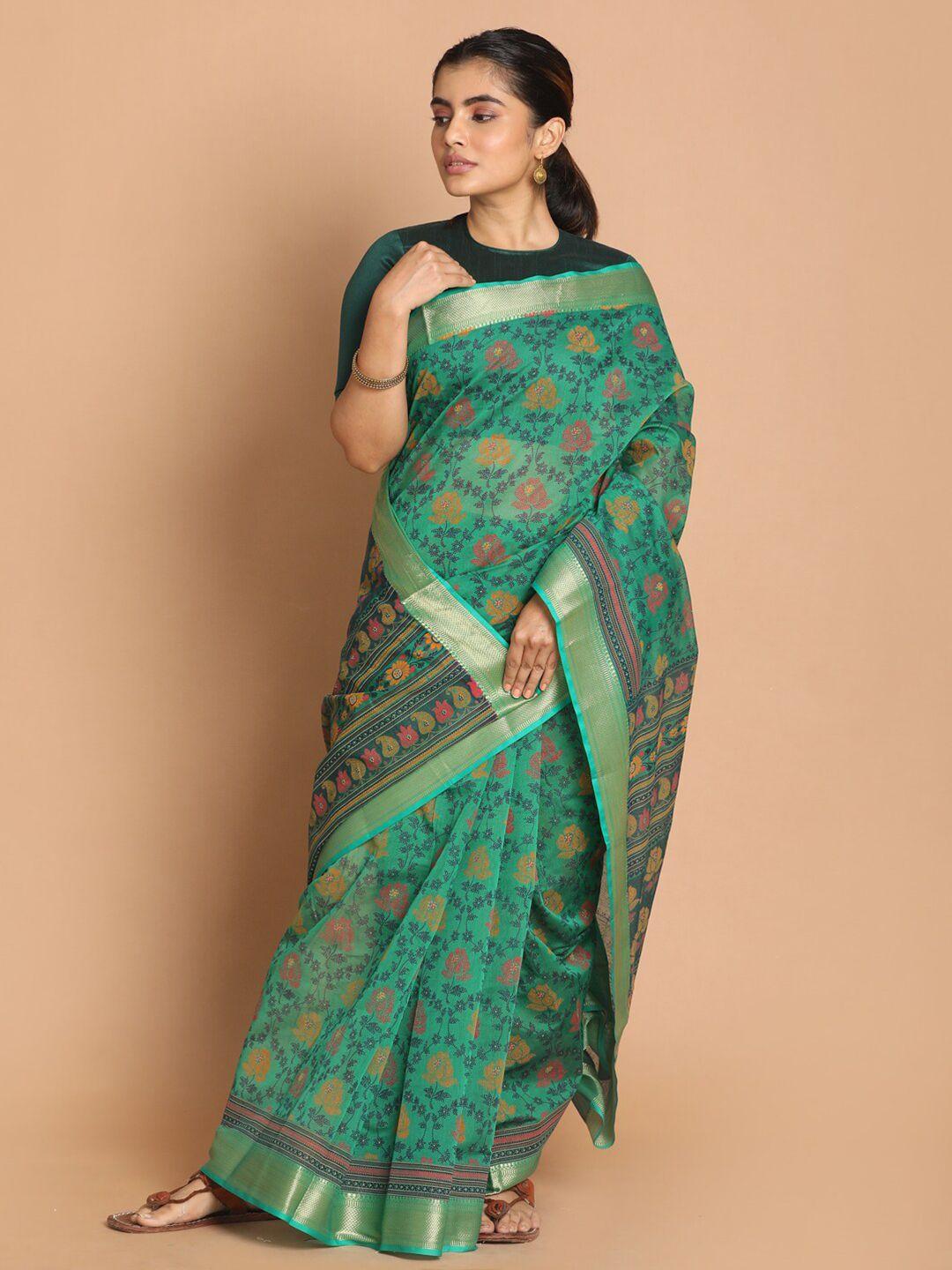 indethnic green & yellow floral saree