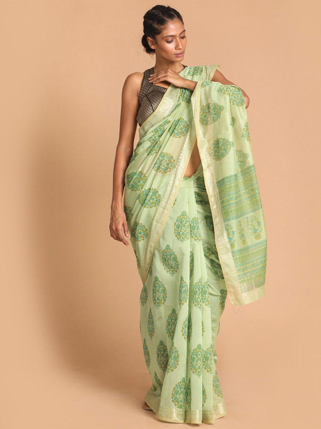 indethnic green ethnic motifs zari saree