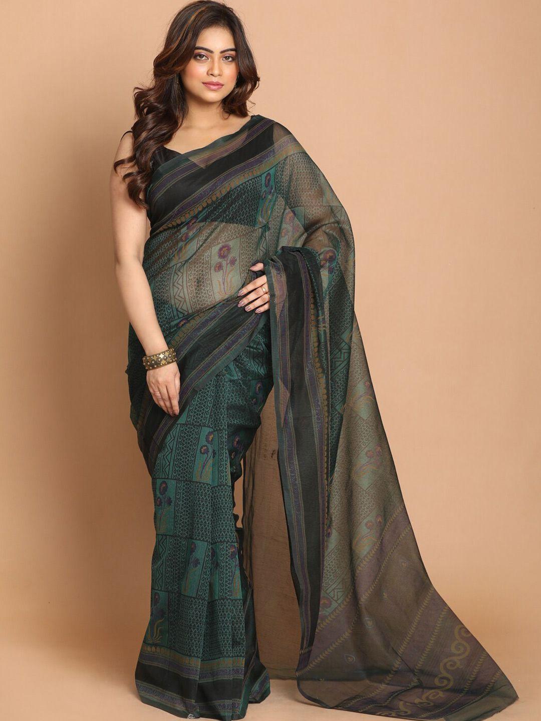 indethnic green floral printed saree