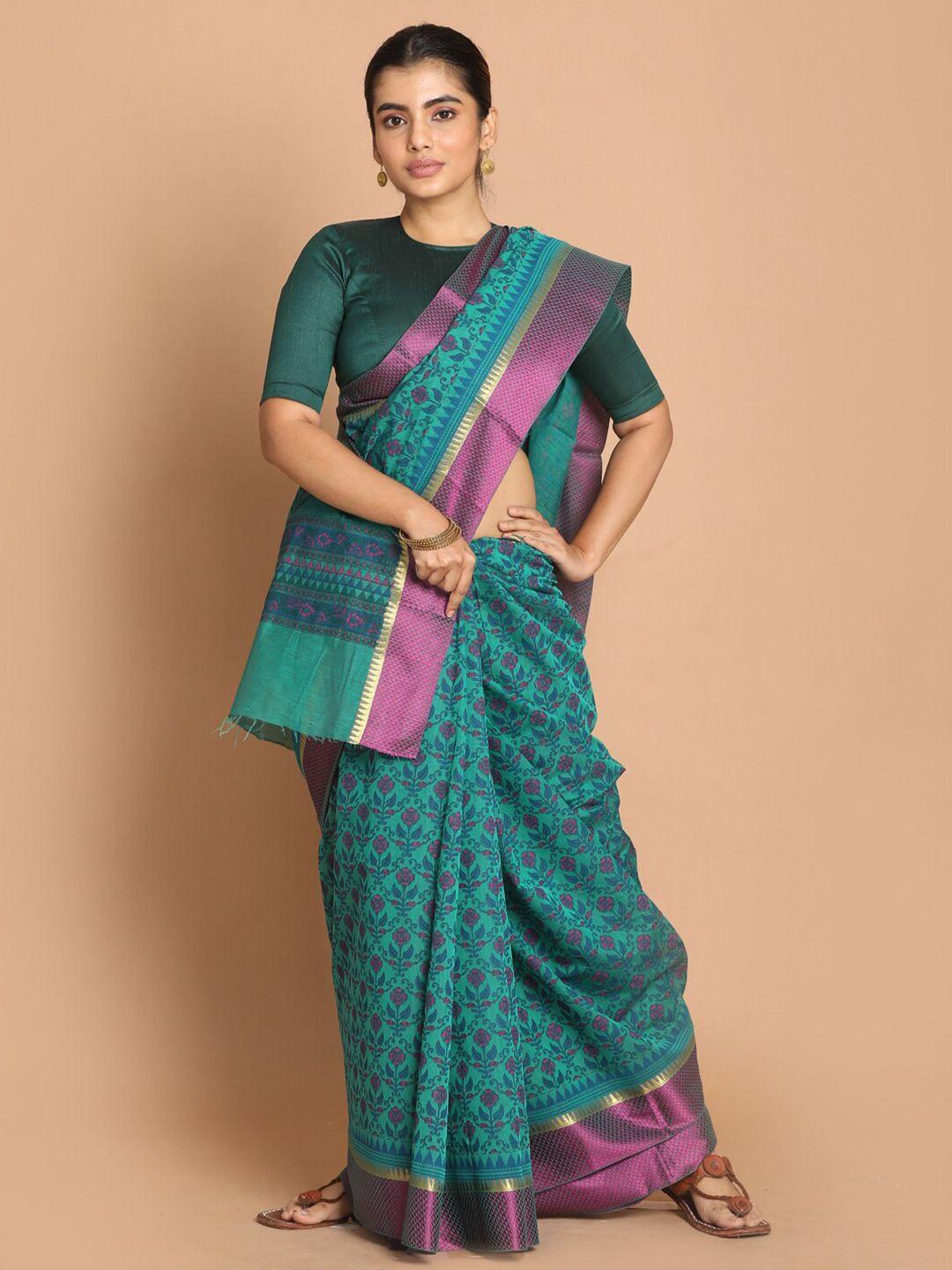 indethnic green floral saree