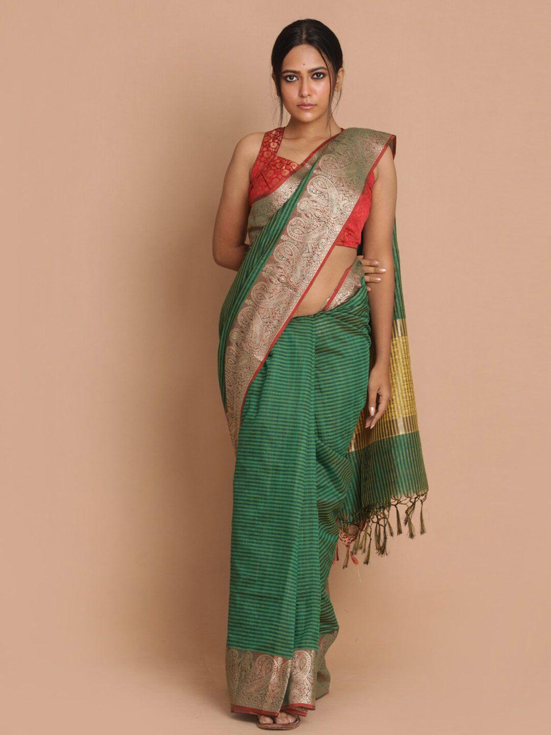 indethnic green striped banarasi saree