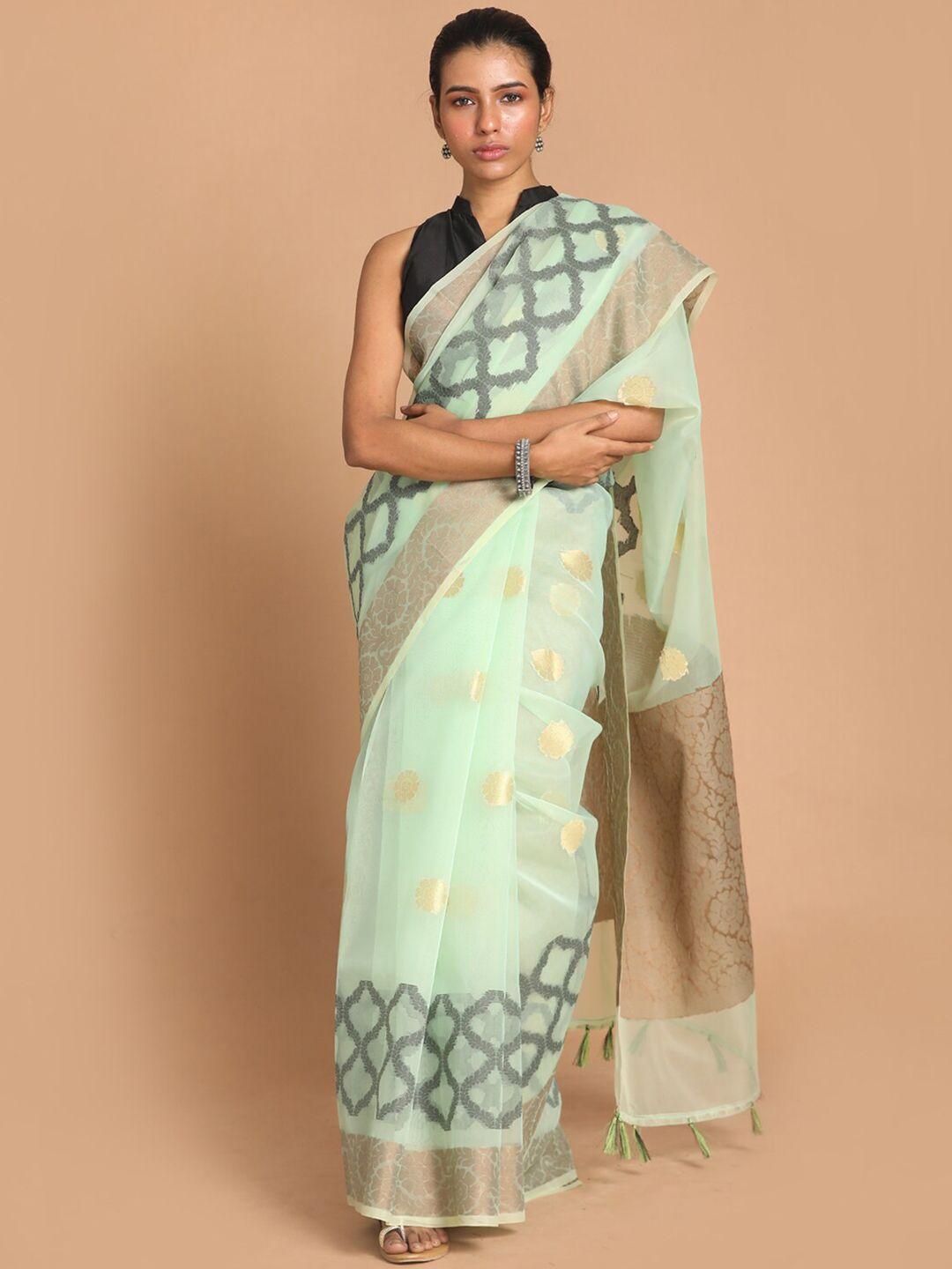 indethnic green woven design zari organza banarasi saree