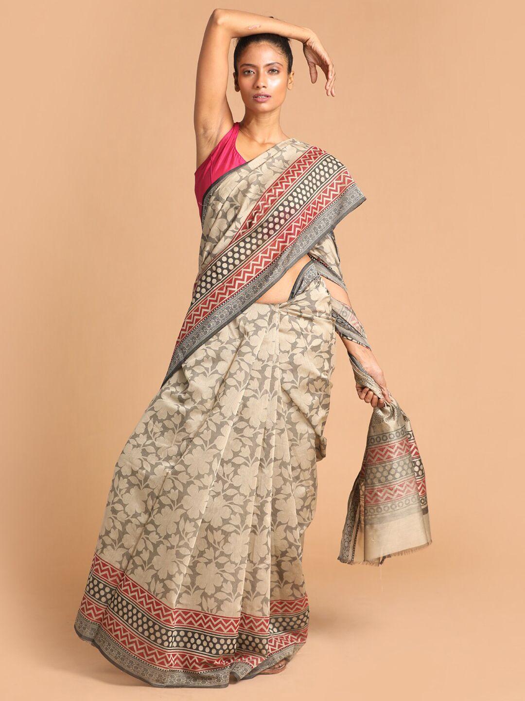 indethnic grey & beige ethnic motifs saree