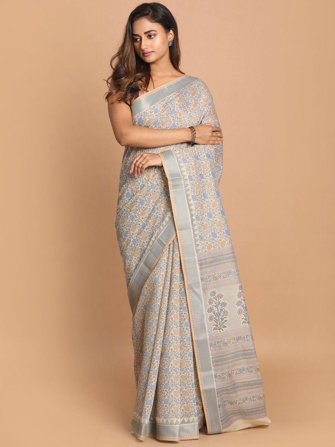 indethnic grey & blue floral saree