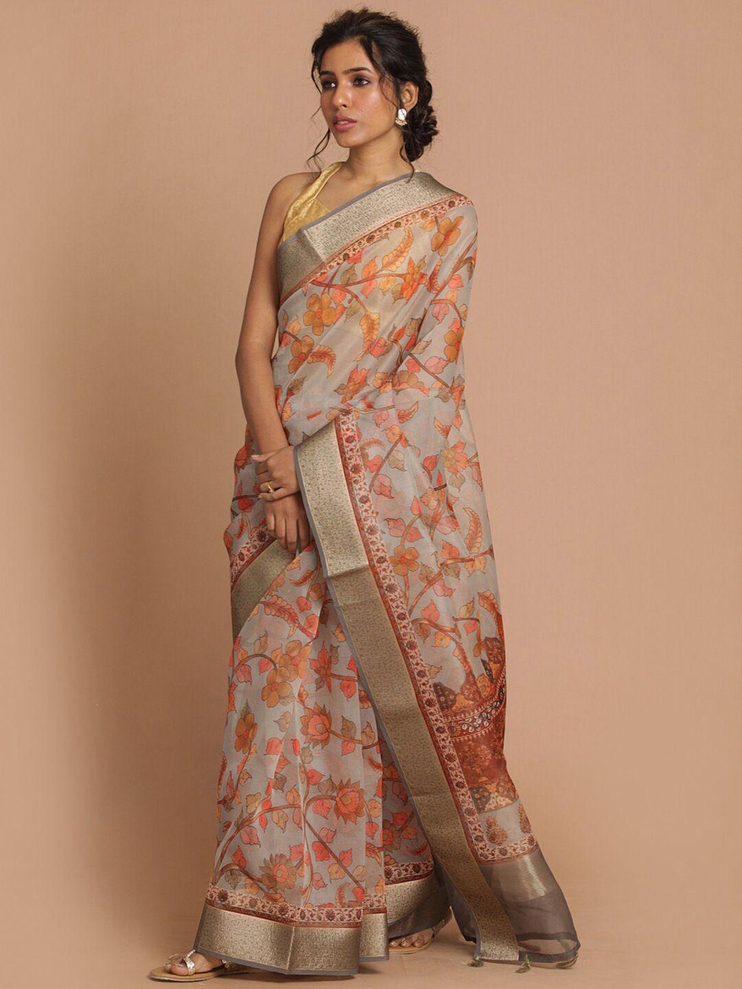 indethnic grey & orange floral zari organza banarasi saree