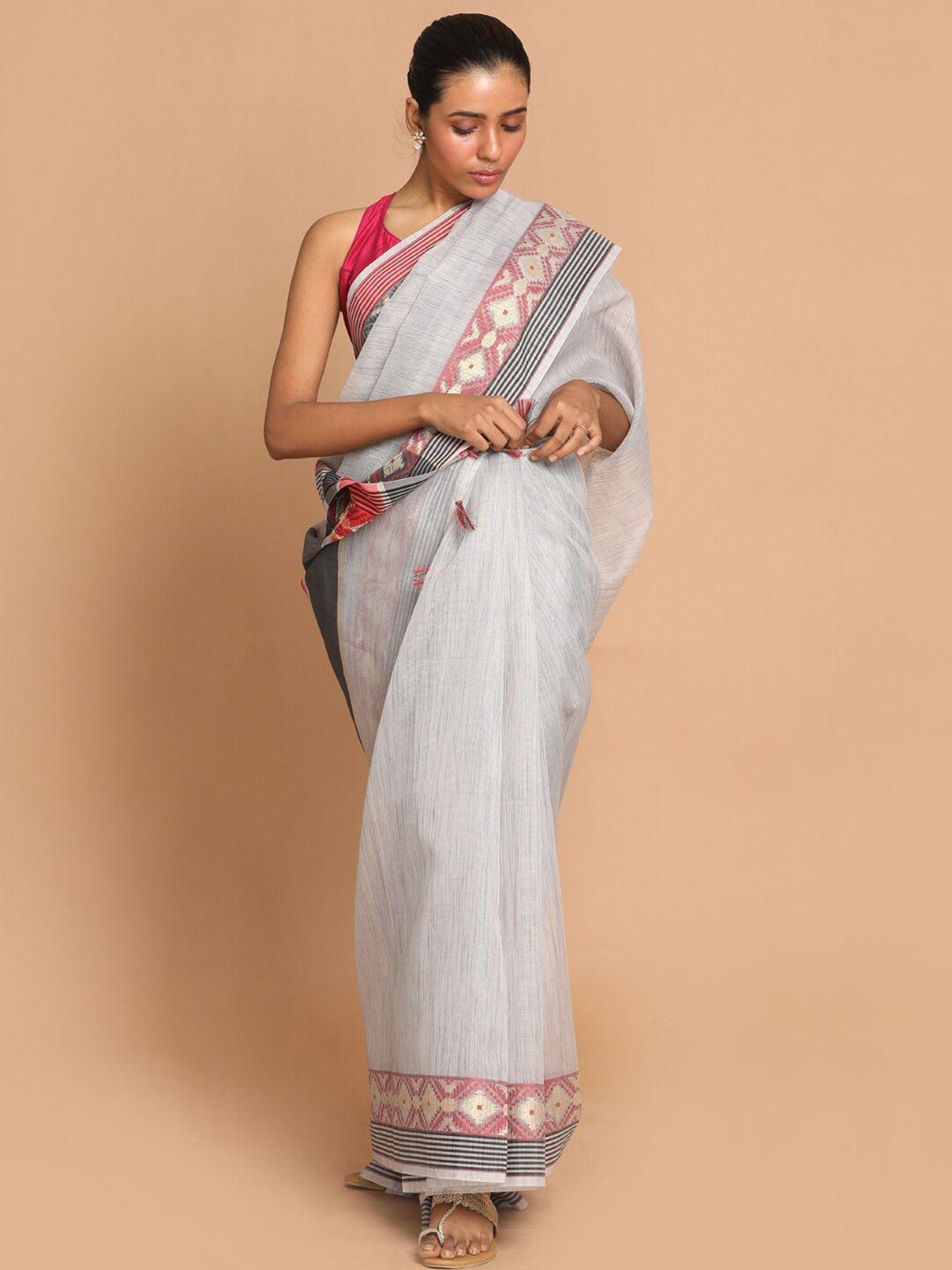 indethnic grey & pink woven design linen blend banarasi saree