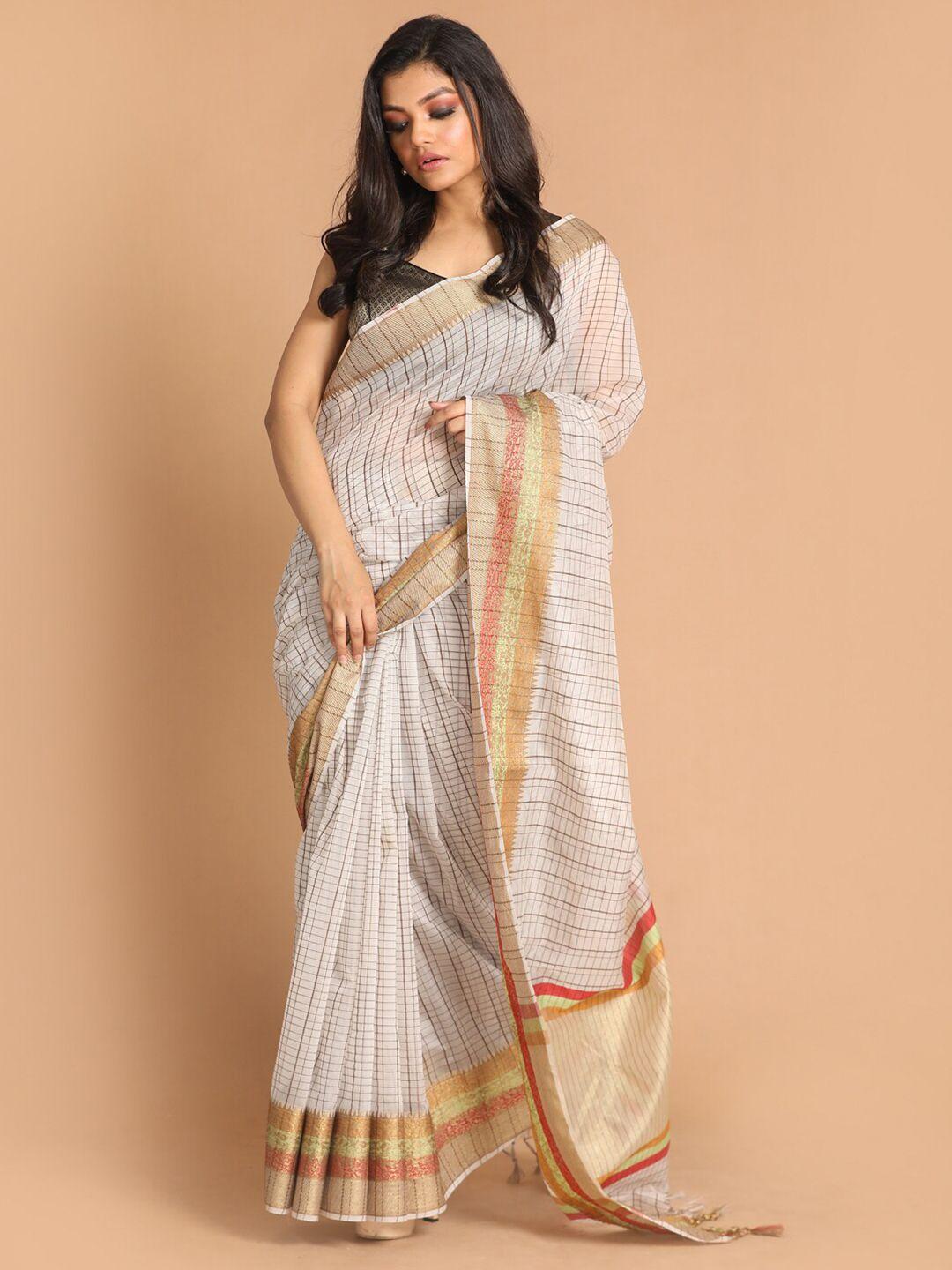 indethnic grey & red checked zari banarasi saree