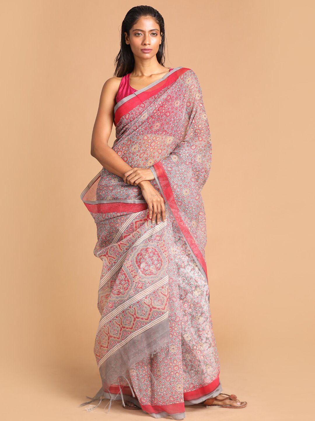 indethnic grey & red ethnic motifs supernet saree