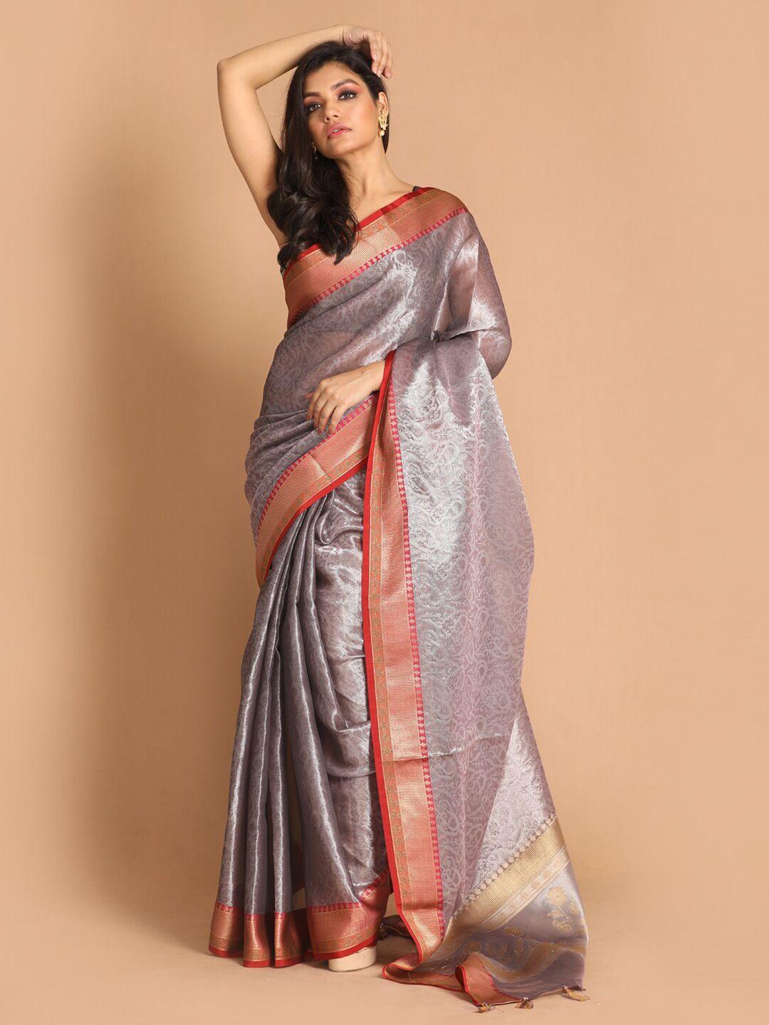 indethnic grey & red floral zari tissue banarasi saree