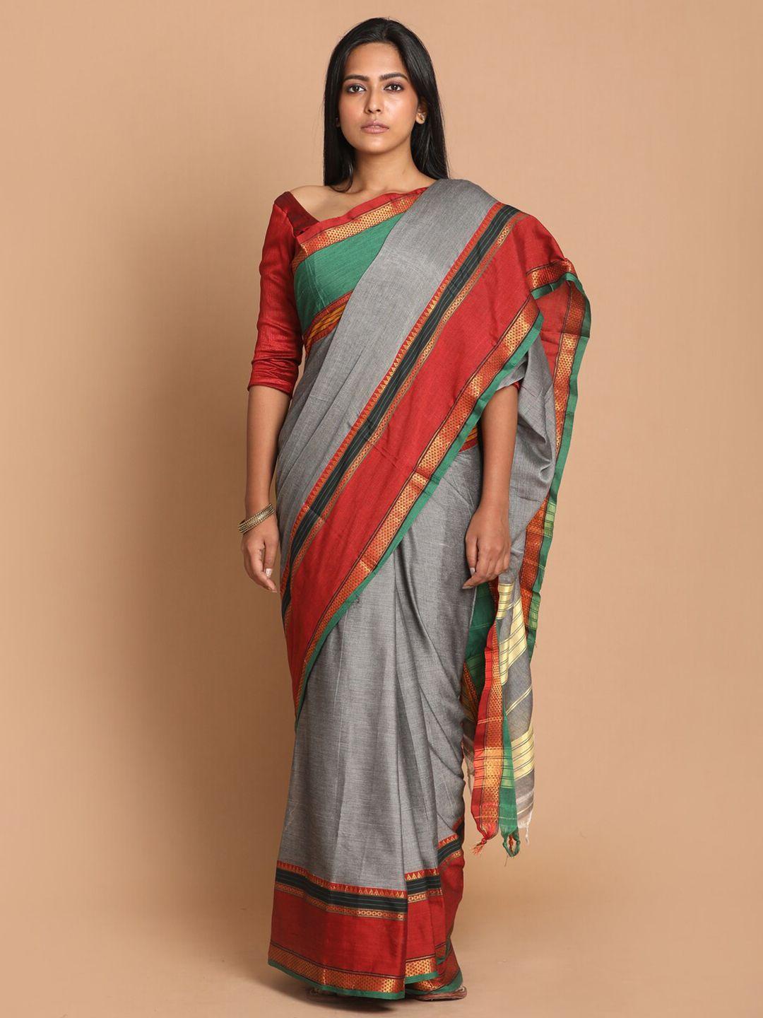 indethnic grey & red zari pure cotton saree