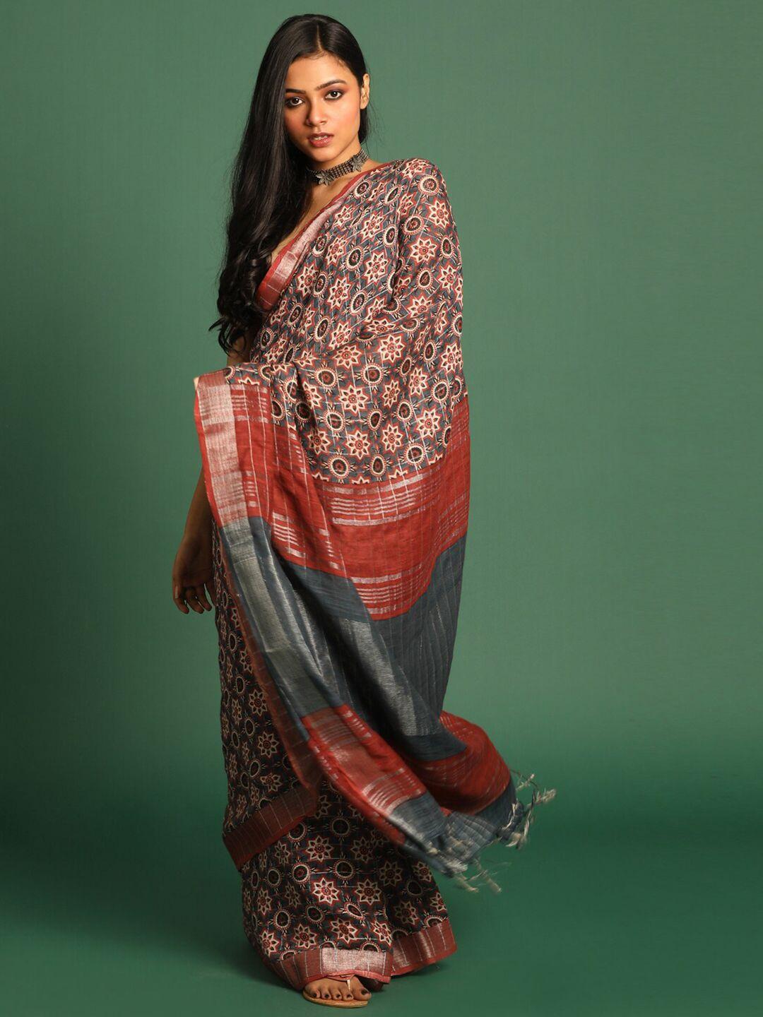 indethnic grey & silver-toned printed  zari bhagalpuri saree