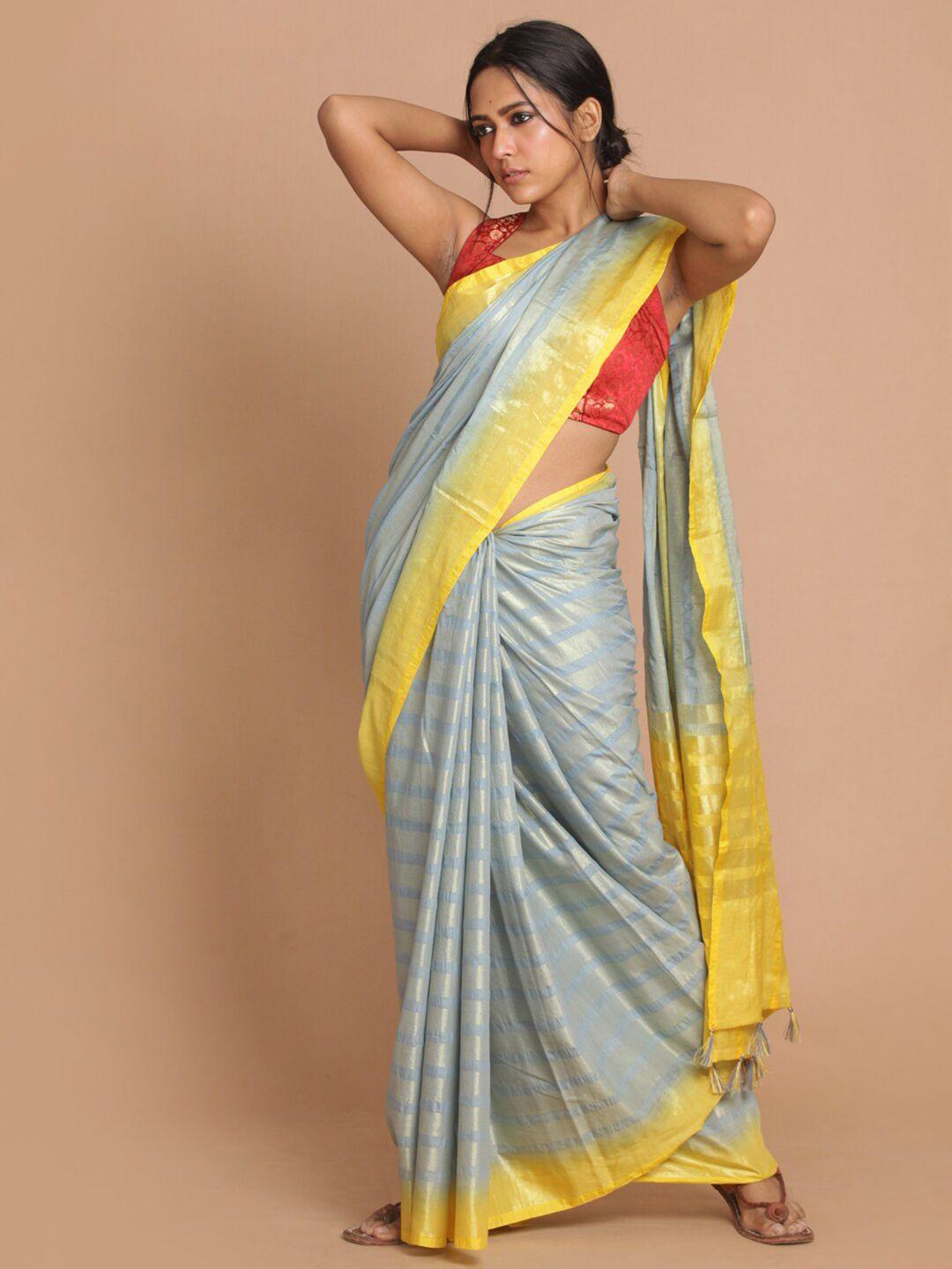 indethnic grey & yellow striped banarasi saree