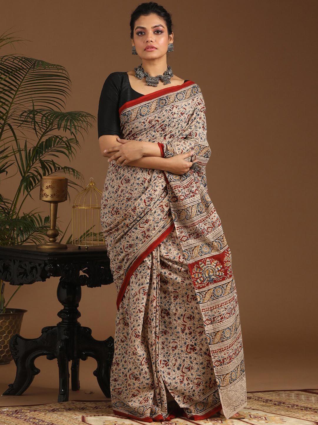 indethnic grey melange & red kalamkari pure cotton block print saree