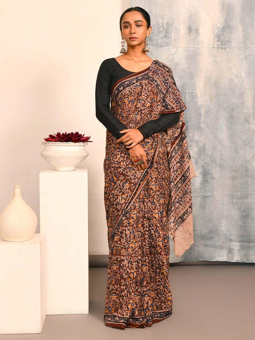 indethnic kalamkari printed pure cotton block print saree