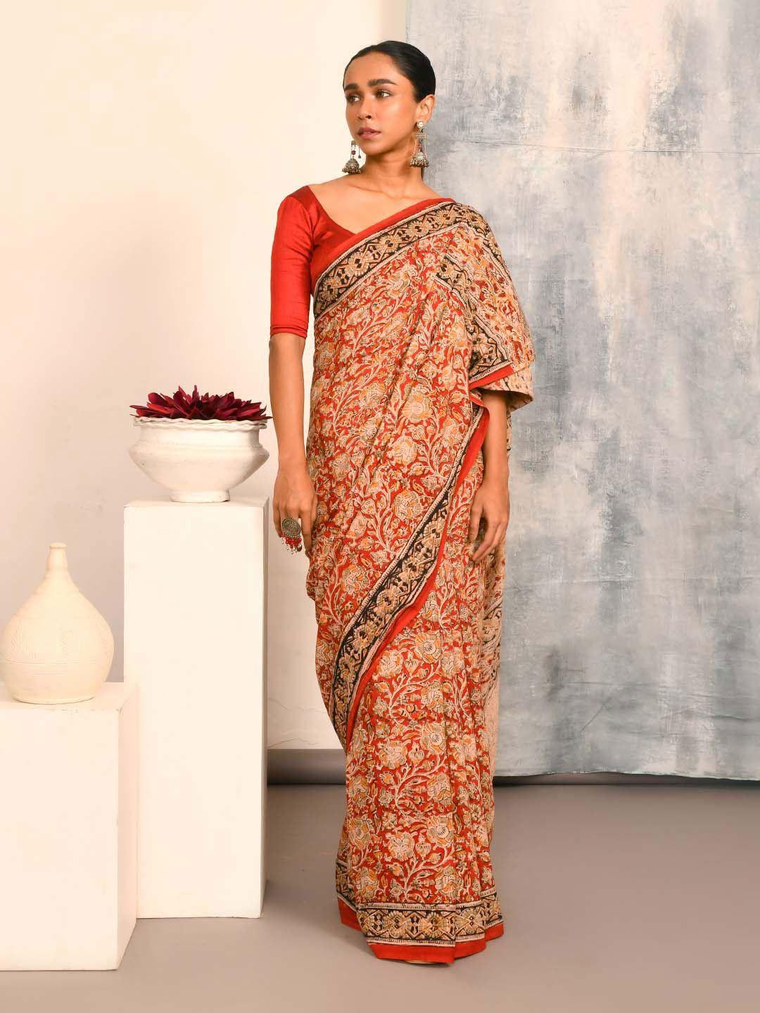 indethnic kalamkari printed pure cotton block print saree