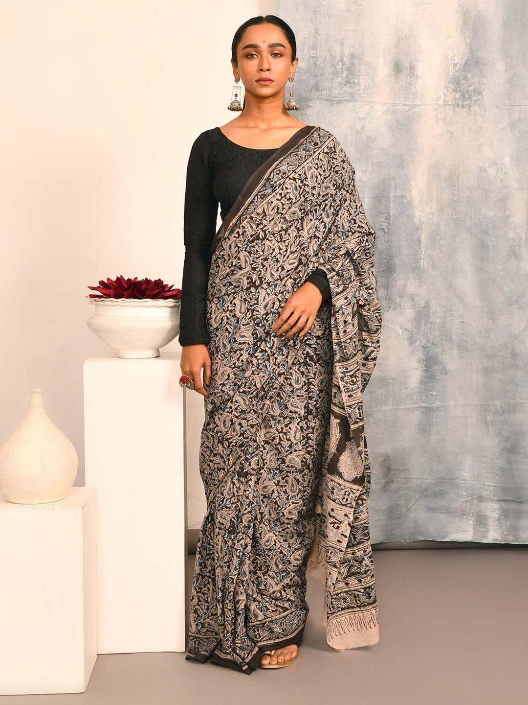 indethnic kalamkari printed pure cotton block print saree