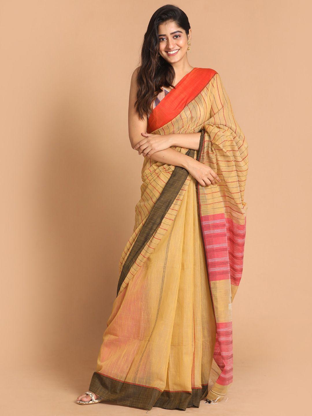 indethnic khaki & pink striped jamdani saree