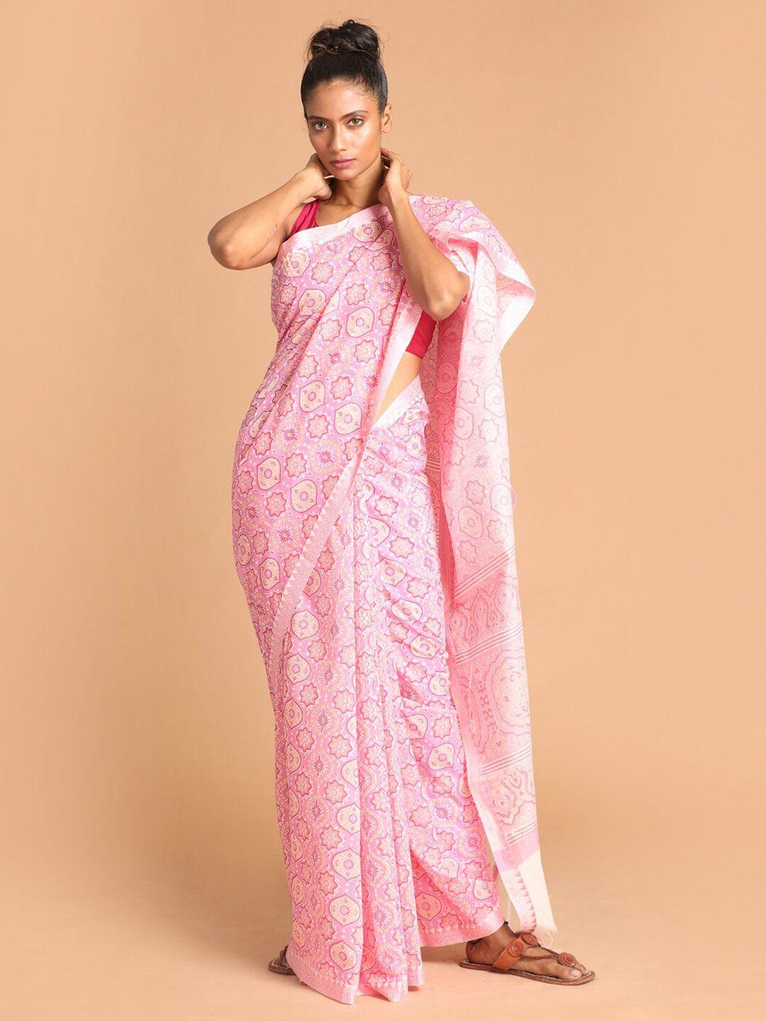 indethnic lavender & white ethnic motifs printed saree