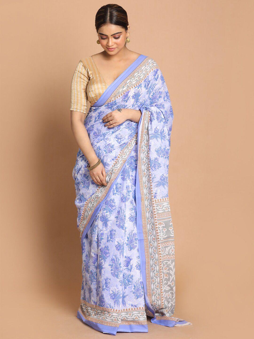 indethnic lavender & white floral prinetd pure cotton saree