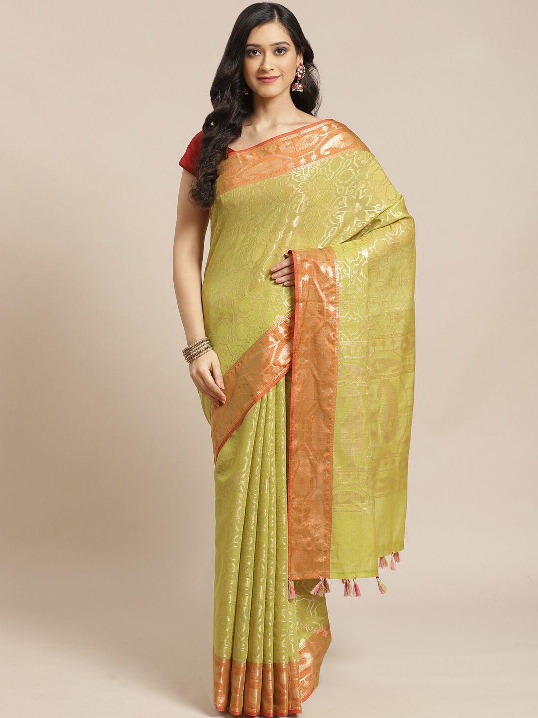 indethnic lime green & orange woven design liva saree